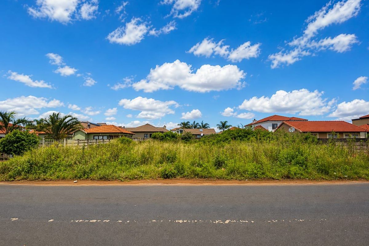 A street-level view of a vacant residential plot featuring overgrown vegetation, bordered by an asphalt road and existing neighborhood housing.