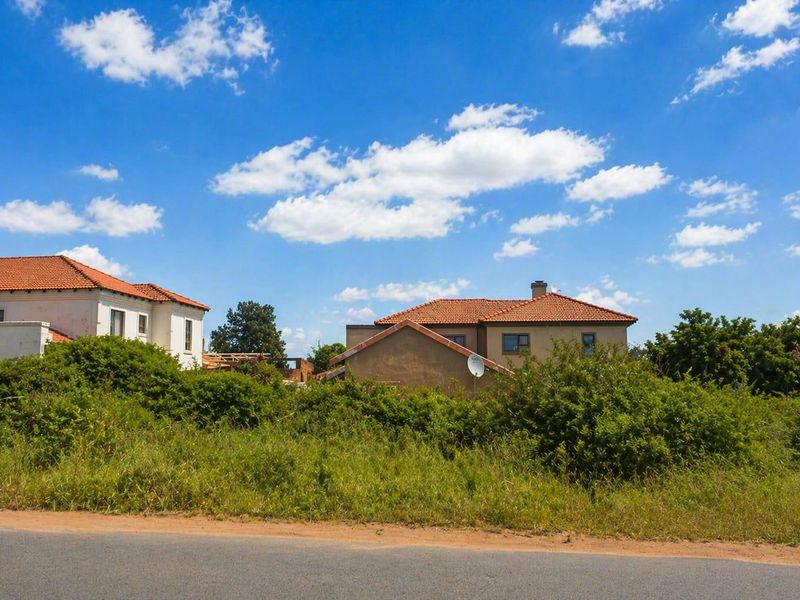 A view of a vacant residential plot featuring overgrown vegetation, situated along an asphalt road with neighbouring houses visible in the background.