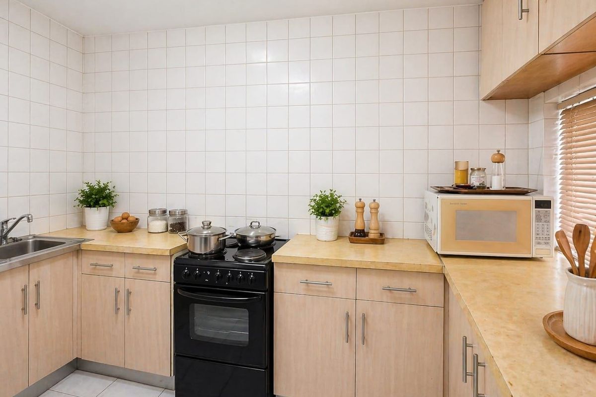 A functional kitchen featuring light wood-finish cabinetry, laminate countertops, a tiled backsplash, and a freestanding black oven.
