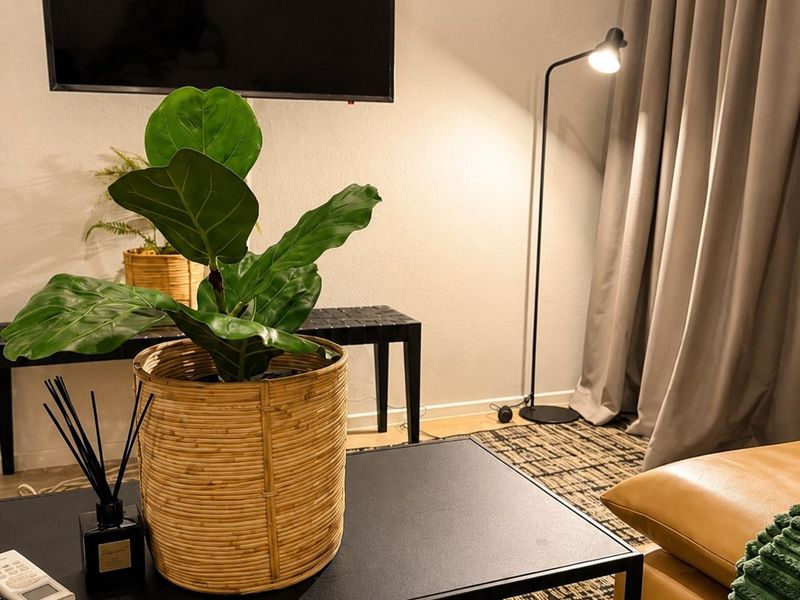 A cozy living room area featuring a wall-mounted television and neutral interior finishes.
