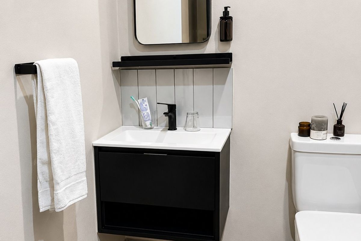 Modern bathroom featuring a wall-mounted vanity with black fixtures, a sleek basin, tiled splashback, and a contemporary toilet.