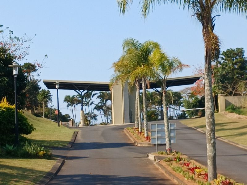 A view of the gated entrance to the residential estate, featuring a paved driveway, security boom gate structure, and landscaped palm trees.