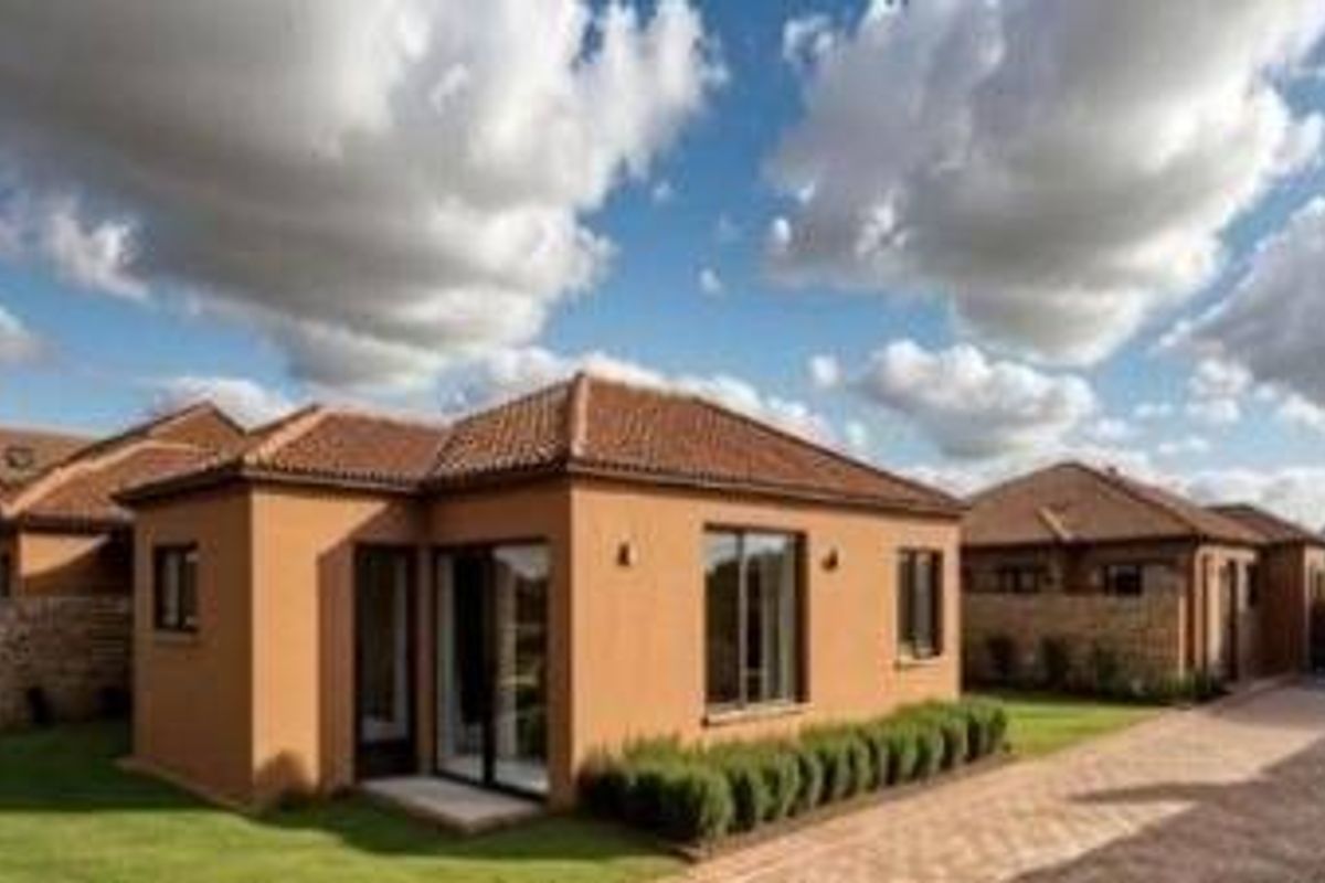 A well-maintained single-story residential property featuring a terracotta tiled roof, stucco exterior, and a paved driveway with landscaped garden borders.