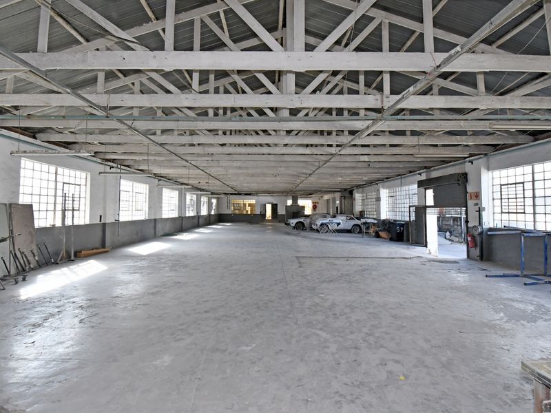 Spacious industrial warehouse featuring exposed timber roof trusses, concrete flooring, and large steel-framed windows, offering a versatile open-plan utility space.