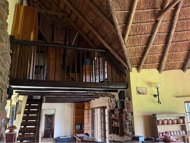 Spacious living area featuring a high thatched roof with exposed timber rafters, a stone feature wall, and a mezzanine level with a timber balustrade.