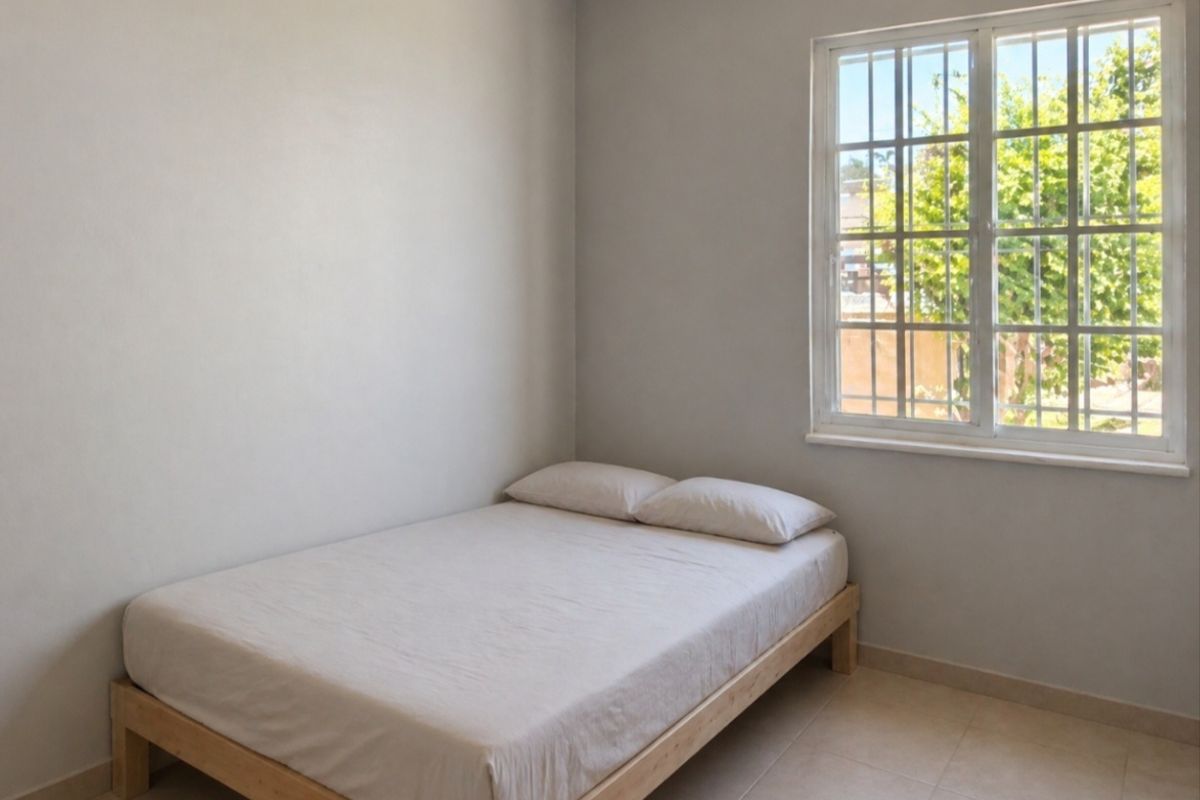 A simple bedroom featuring tiled flooring and a window with security bars, offering a clean and functional space.