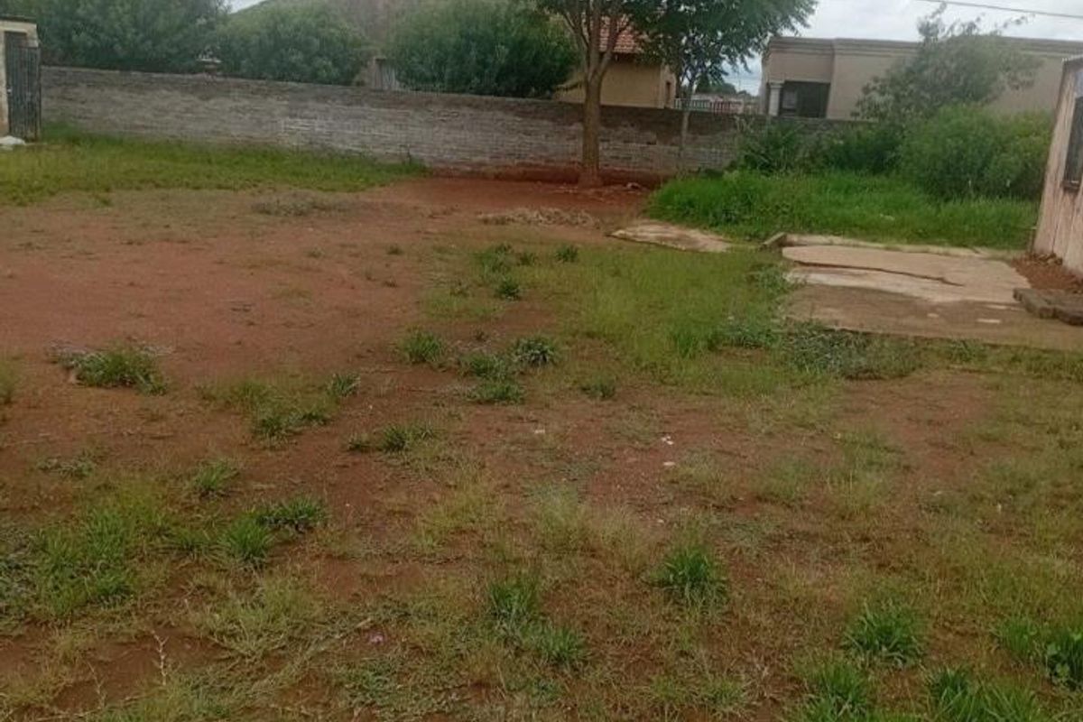 A vacant residential plot featuring a perimeter wall, mature tree, and basic concrete paving, offering potential for landscaping or future development.