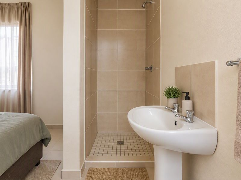 A compact en-suite bathroom featuring a pedestal washbasin and a tiled shower enclosure, conveniently located adjacent to the bedroom area.