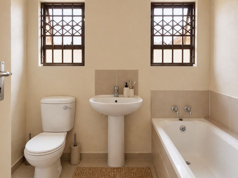 A clean and functional bathroom featuring a pedestal washbasin, a standard toilet, and a bathtub with chrome fixtures, complemented by security-barred windows.