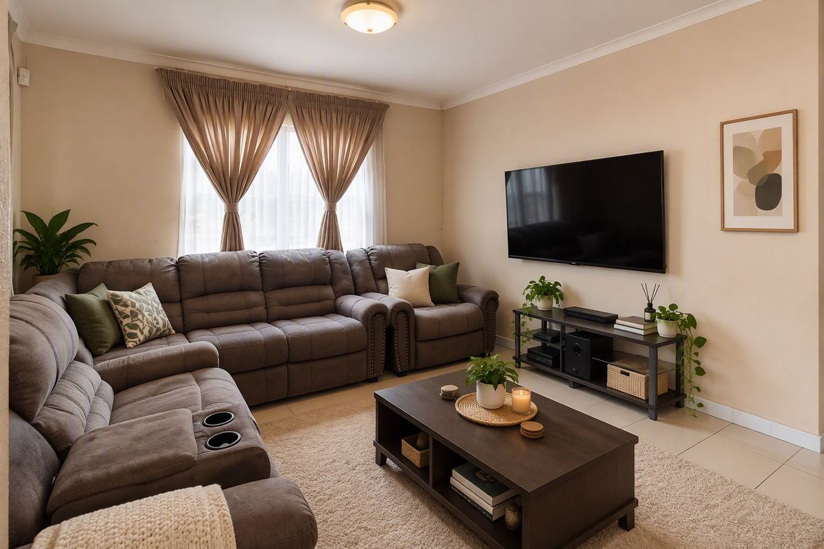 A comfortable living room featuring neutral wall tones, tiled flooring, and a coved ceiling, creating a warm and inviting atmosphere.