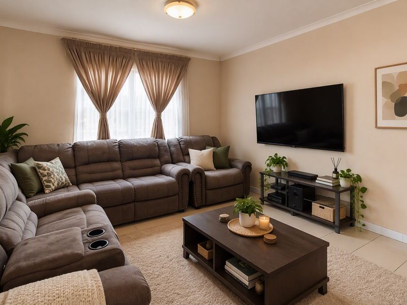 A comfortable living room featuring neutral wall tones, tiled flooring, and a coved ceiling, creating a warm and inviting atmosphere.