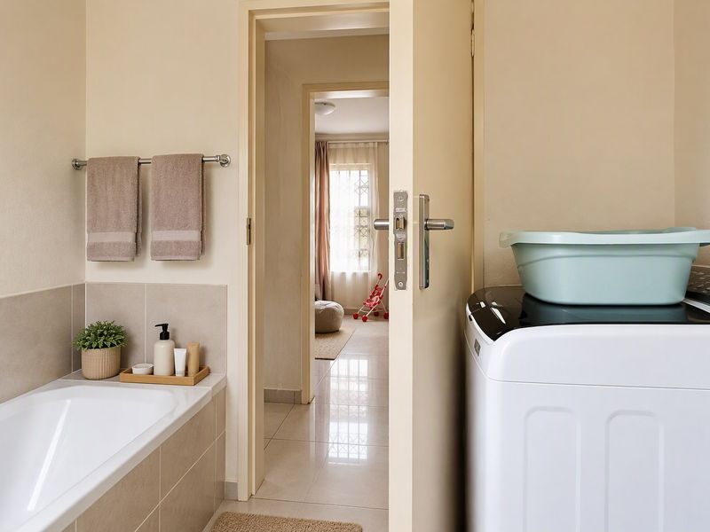 A functional bathroom featuring a built-in bathtub with neutral wall tiling and ceramic floor tiles, providing a clean and practical space.
