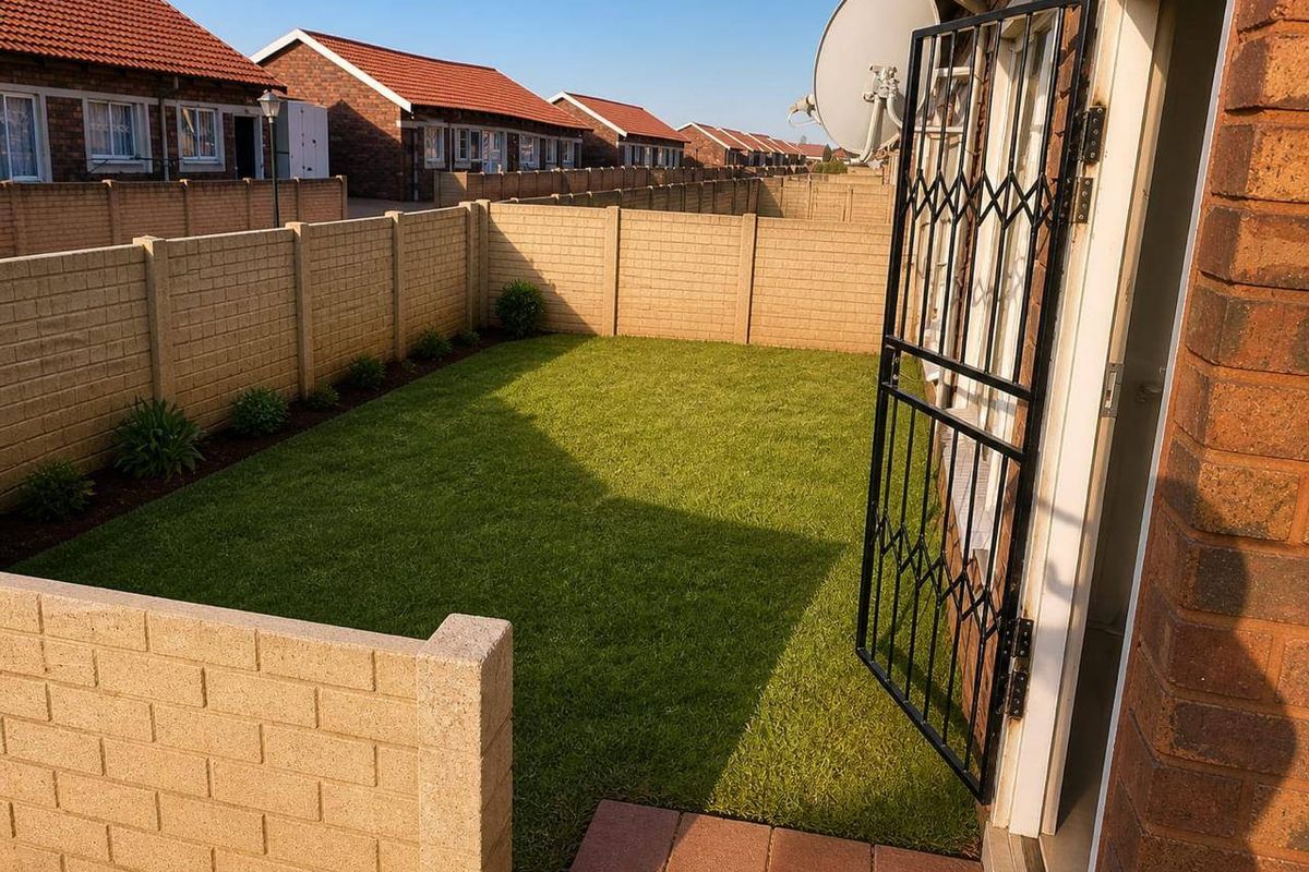 A private rear garden featuring a well-maintained lawn, paved patio area, and secure boundary walling, accessible via a security gate.