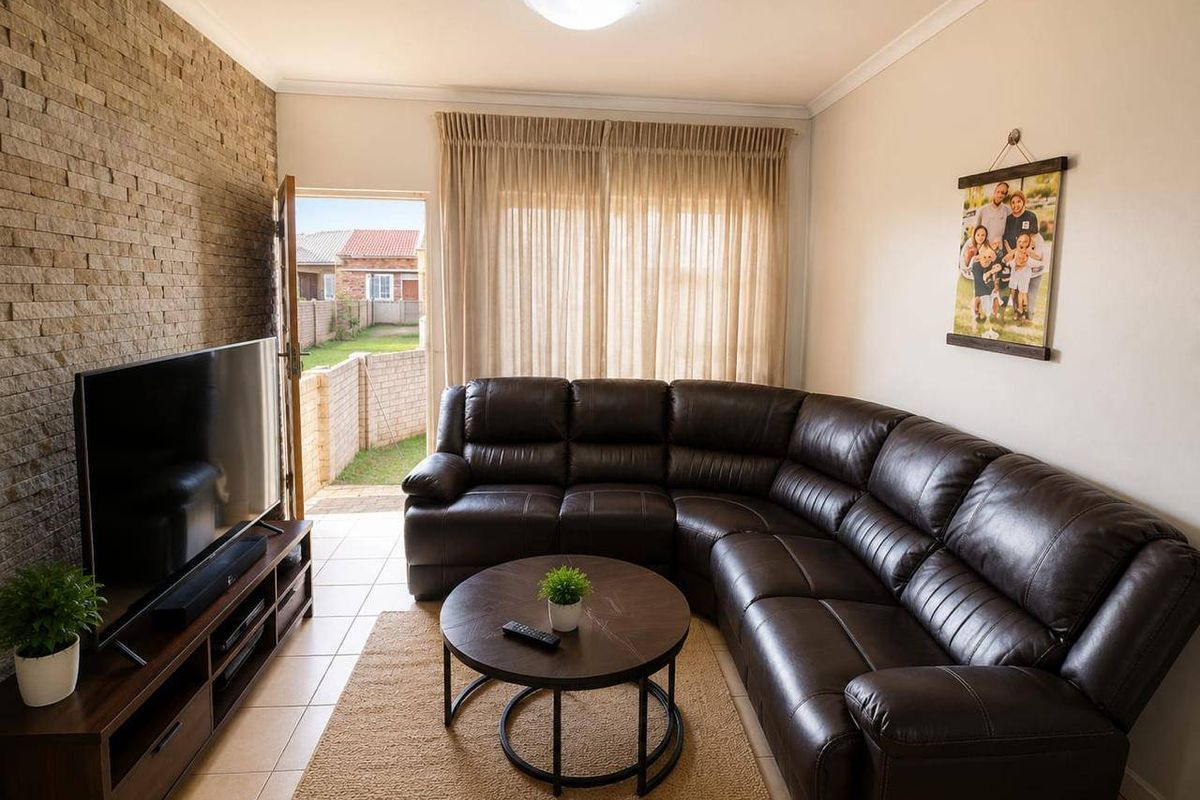A comfortable living room featuring a textured stone accent wall, tiled flooring, and direct access to the rear garden area.