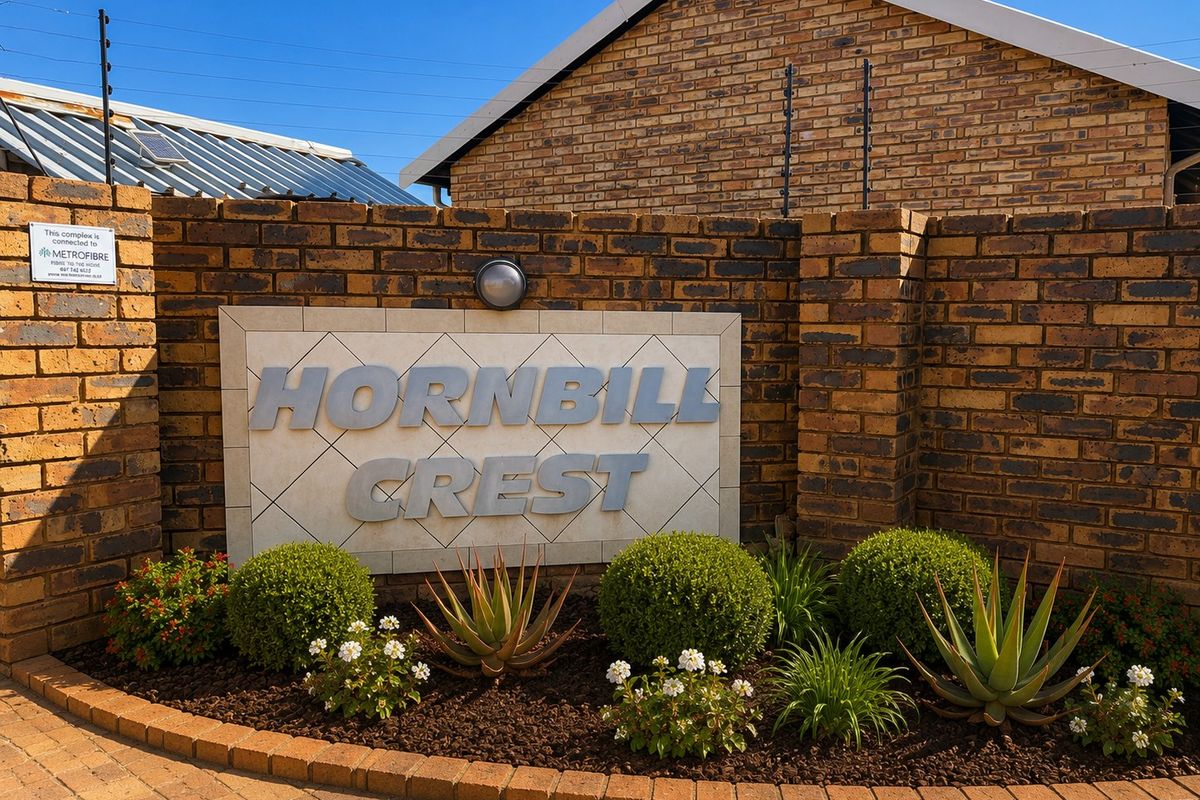 Entrance signage and landscaped garden area for Hornbill Crest townhouse complex, featuring face brick boundary walls and paved driveway access.