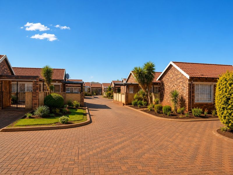 A well-maintained townhouse complex featuring brick facades, tiled roofs, and a neat paved driveway with established garden beds.