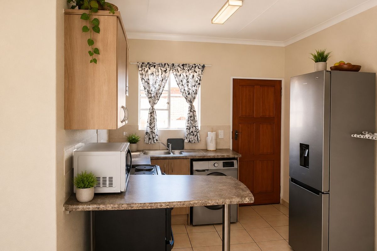 A functional kitchen featuring laminate cabinetry, tiled flooring, a stainless steel sink, and direct access to an exterior door.