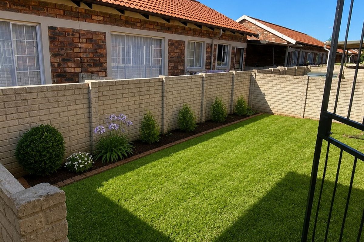 A well-maintained rear garden featuring a manicured lawn, face brick exterior walls, terracotta roof tiles, and a secure metal gate entrance.