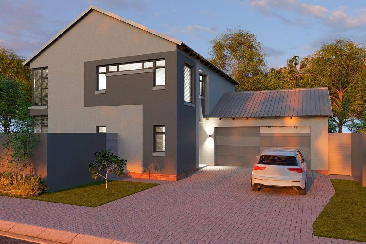 Modern double-story residential facade featuring a paved driveway, integrated double garage, and contemporary architectural finishes.