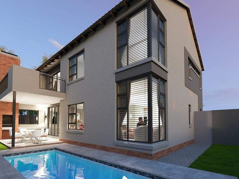 A modern double-story home exterior featuring a swimming pool, a covered patio with a built-in braai, and large corner windows.