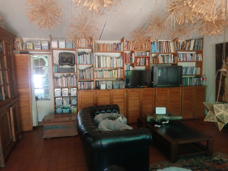 A cozy living room featuring extensive built-in wooden shelving, louvered cabinetry, terracotta flooring, and a vaulted timber ceiling.