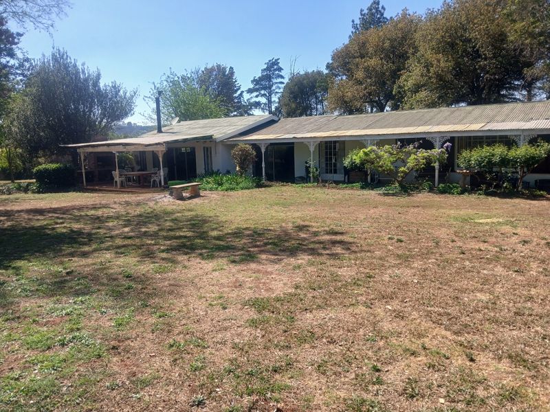 Rear view of a farm-style dwelling featuring a long covered patio with decorative ironwork, a built-in braai, and a corrugated iron roof.