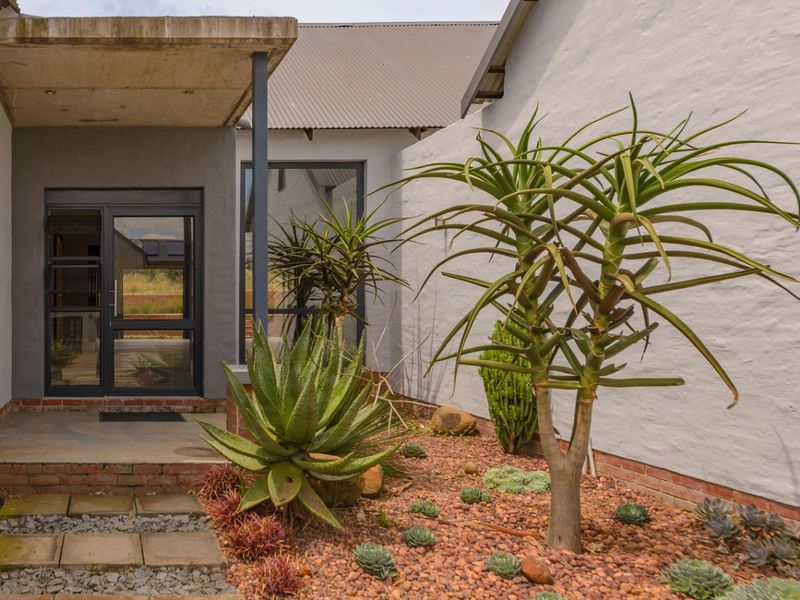 Modern entrance area featuring a concrete canopy, metal-framed glass door, and a landscaped garden with stone mulch and succulents.