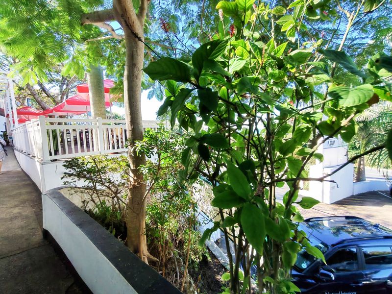 An elevated outdoor patio area featuring a white balustrade, overlooking a landscaped garden and parking area.