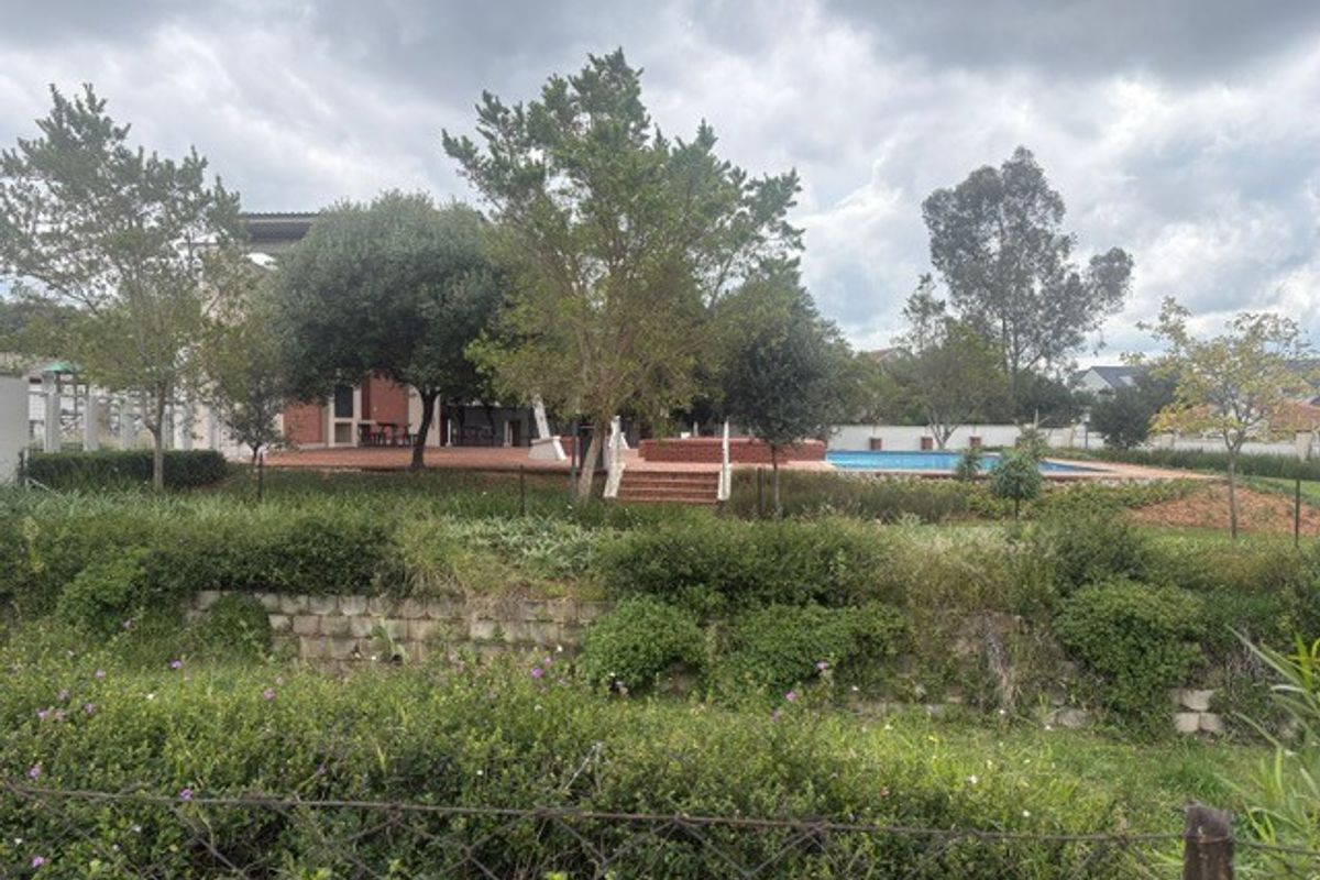 A view of the rear garden featuring a swimming pool, paved patio area, and established landscaping.