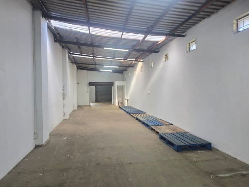 Spacious commercial utility or warehouse area featuring concrete flooring, exposed roof structure, and a secure roller shutter door entrance.
