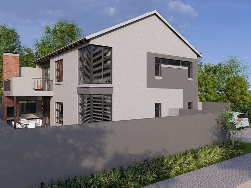 A digital architectural rendering of a modern two-story house featuring a brick chimney, balcony, and enclosed perimeter wall.