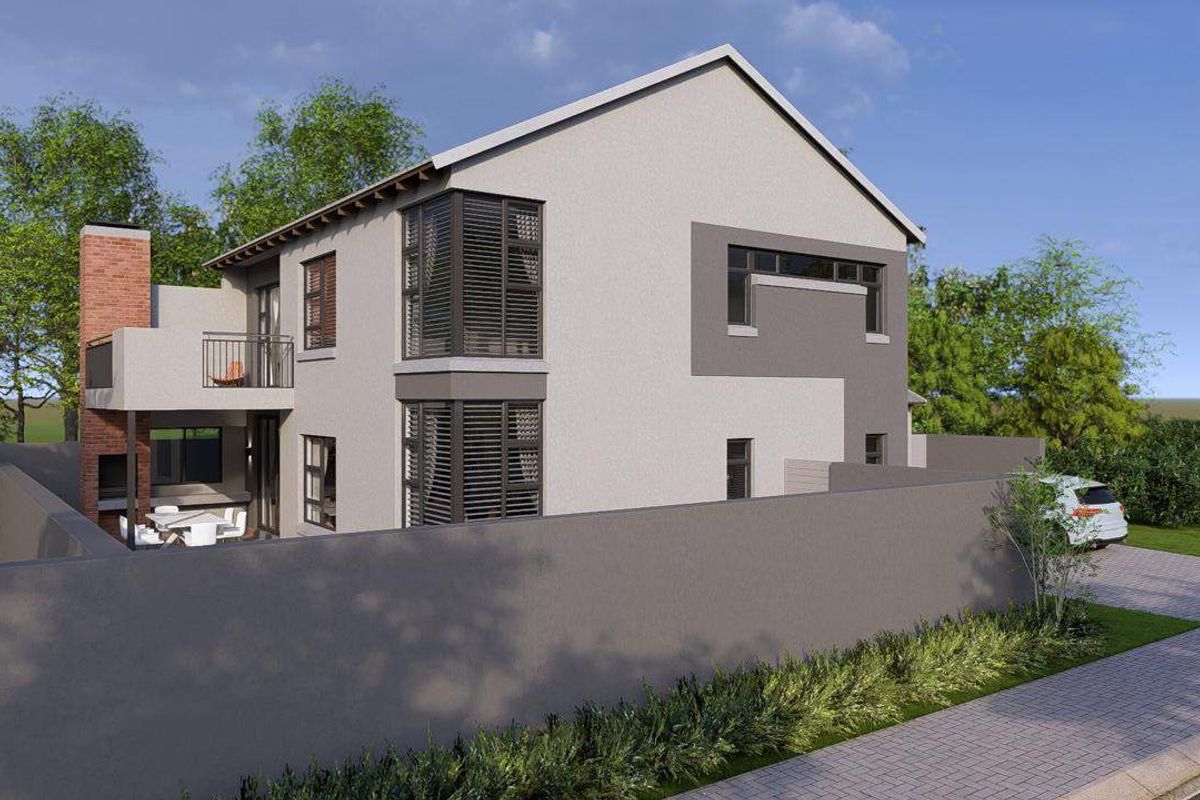 A digital architectural rendering of a modern two-story house featuring a brick chimney, balcony, and enclosed perimeter wall.