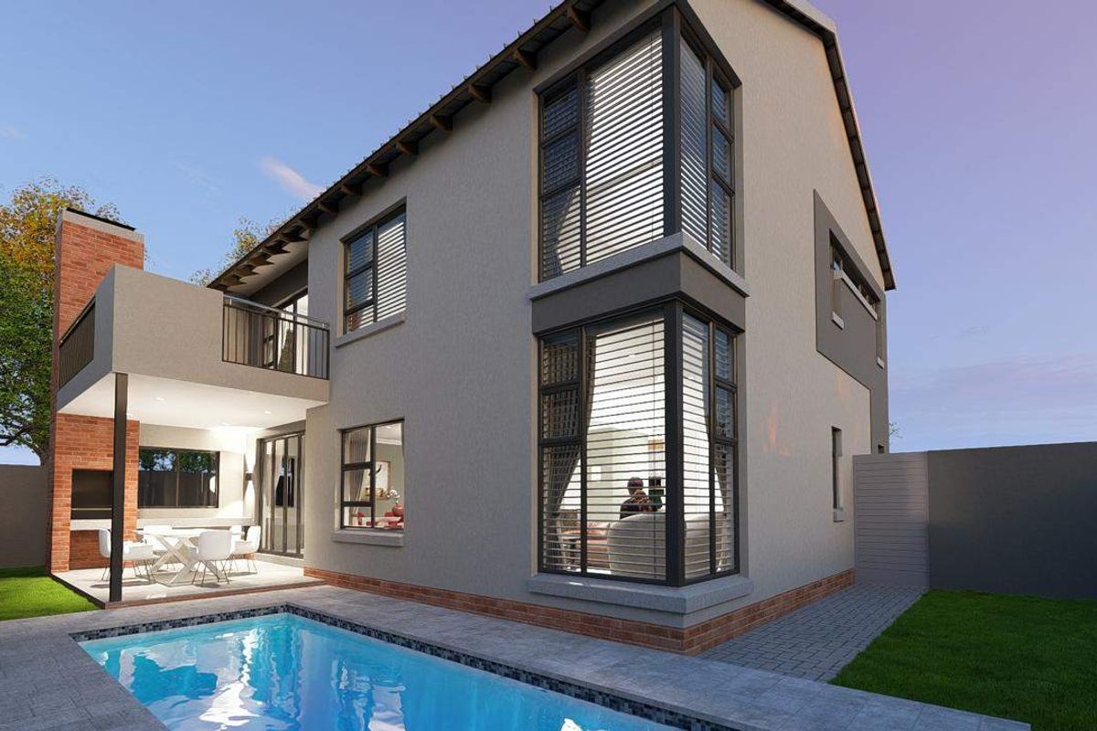 A modern double-story home exterior featuring a swimming pool, a covered patio with a built-in braai, and large corner windows.