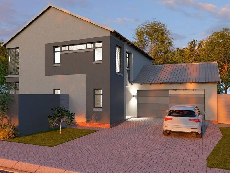 Modern double-story residential home featuring a paved driveway, integrated garage, and contemporary architectural facade with clean lines and neutral tones.
