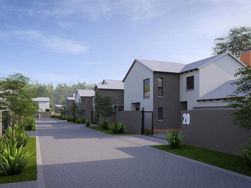 A street view of a modern residential estate featuring paved roads, landscaped gardens, and contemporary two-story homes with clean architectural lines.