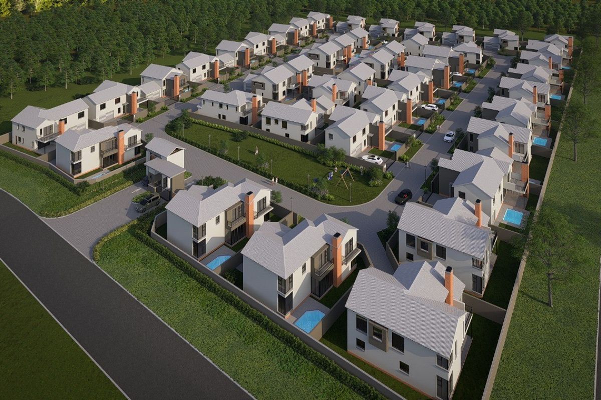 An aerial view of a modern residential estate featuring multiple detached houses with private pools, paved driveways, and landscaped green spaces.