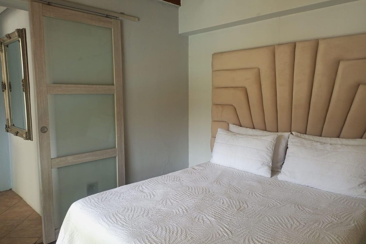 A bedroom featuring a modern sliding barn door with frosted glass panels and an exposed timber ceiling beam.