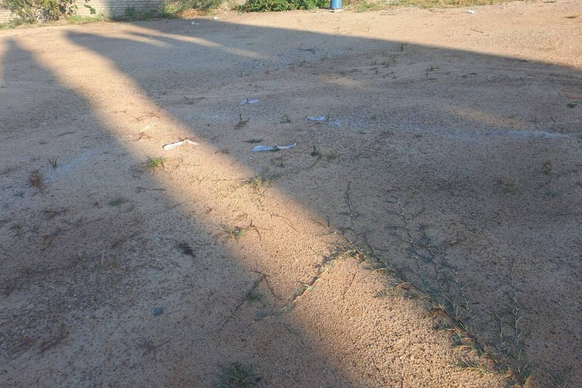 A view of a vacant residential plot featuring sandy ground and a perimeter brick boundary wall.