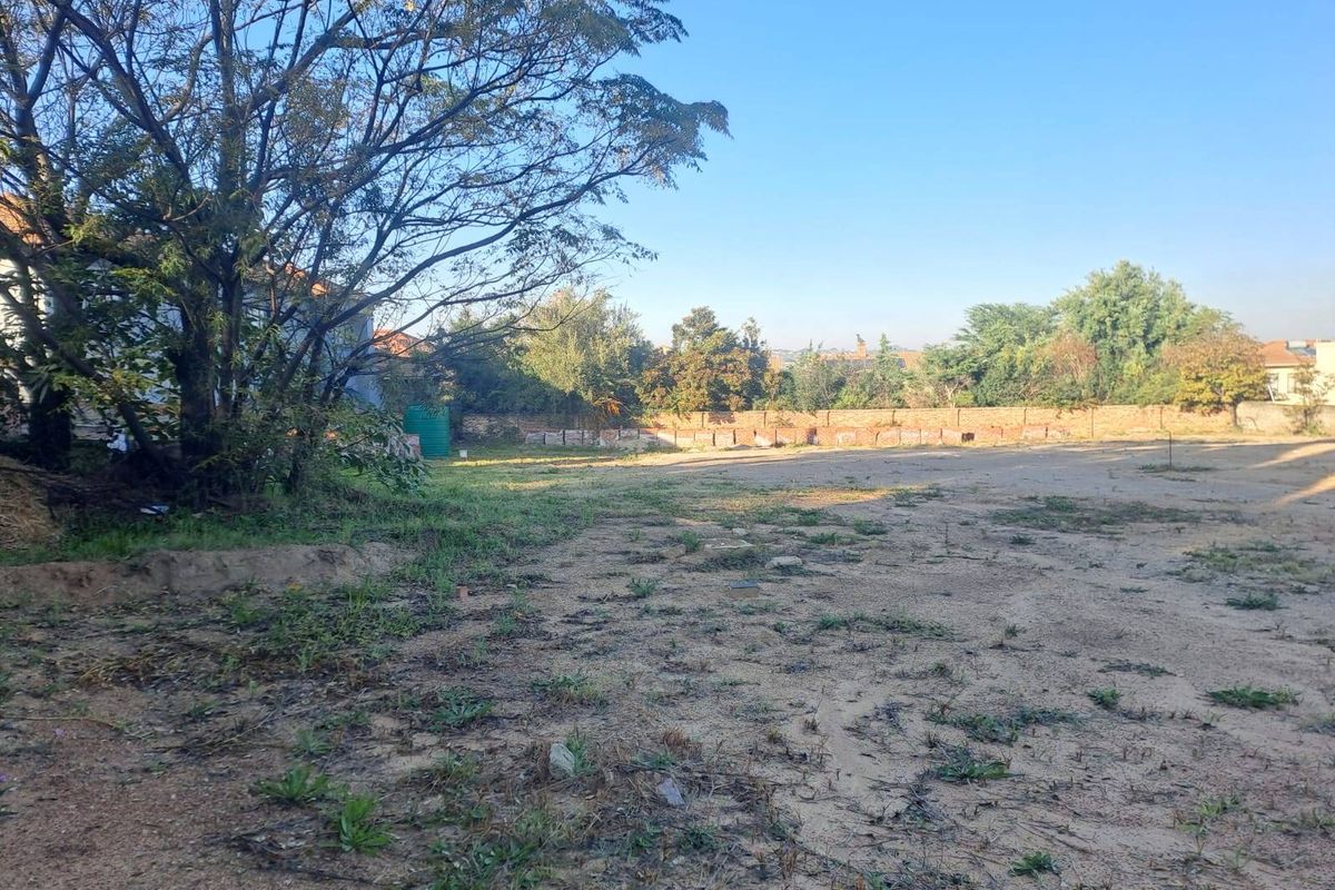 A vacant residential plot featuring a level surface, mature trees, and a perimeter boundary wall, offering a blank canvas for development.