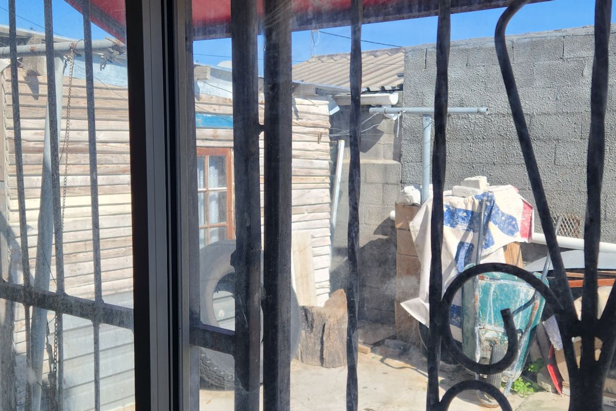 View of a rear yard area featuring a concrete block boundary wall and a timber shed structure, viewed through a security gate.
