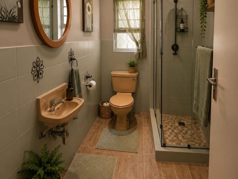 A well-maintained bathroom featuring a wall-mounted basin, a toilet, and a modern glass-enclosed shower with tiled finishes.