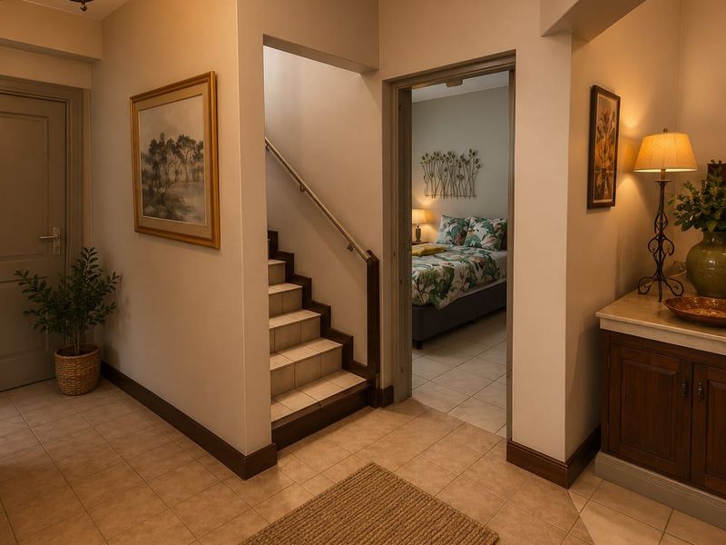 Welcoming entrance hall featuring tiled flooring, a staircase with a metal handrail, and built-in cabinetry with a stone countertop.