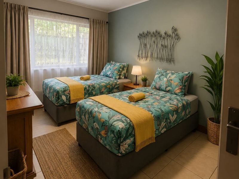 A well-maintained bedroom featuring tiled flooring, a large window with security bars, and a neutral color palette.