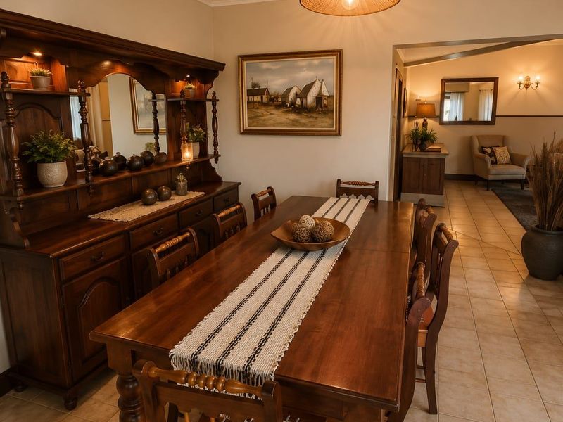 A traditional dining room featuring ceramic floor tiles, a central pendant light, and coved ceiling details, leading into an adjacent living area.