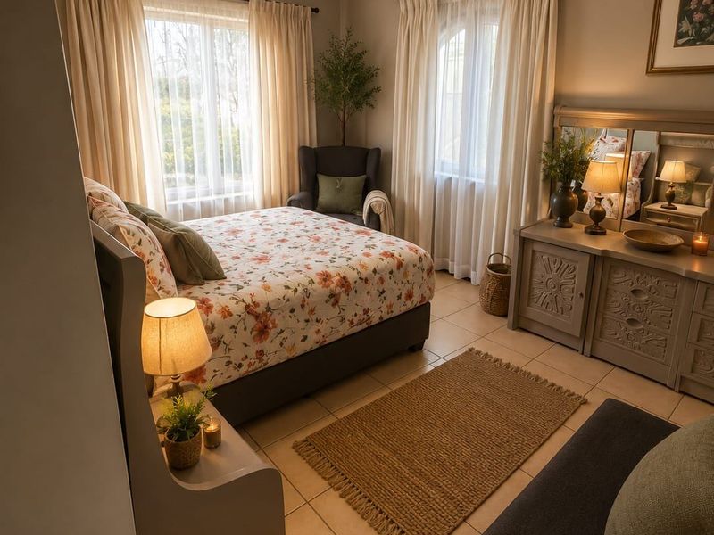 A well-maintained bedroom featuring tiled flooring, neutral wall tones, and dual windows with curtain rods, providing a comfortable and inviting living space.