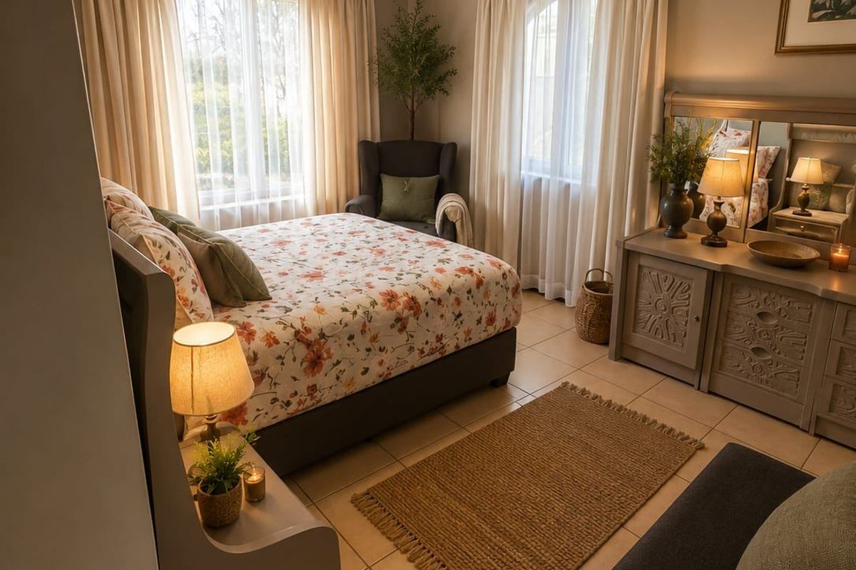 A well-maintained bedroom featuring tiled flooring, neutral wall tones, and dual windows with curtain rods, providing a comfortable and inviting living space.