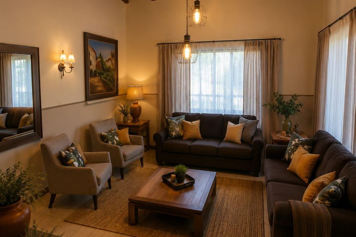 A cozy living room featuring high exposed timber beam ceilings, tiled flooring, and warm ambient lighting from pendant fixtures and wall sconces.