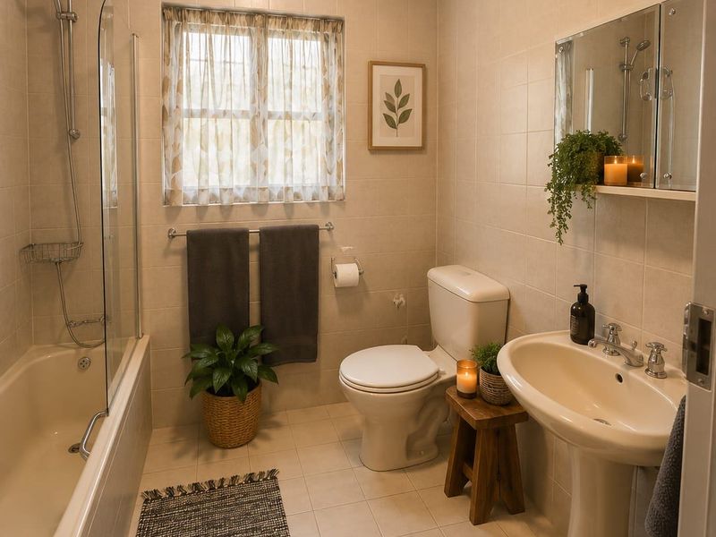 A well-maintained bathroom featuring a pedestal sink, toilet, and a combined bathtub and shower unit with tiled finishes throughout.