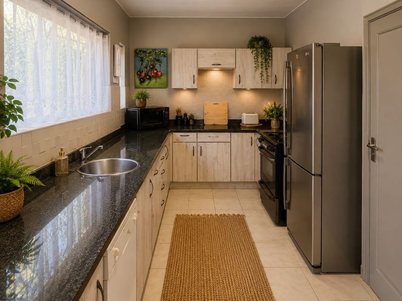 A well-maintained kitchen featuring light wood-finish cabinetry, dark granite countertops, tiled backsplash, and integrated lighting, creating a functional and modern workspace.
