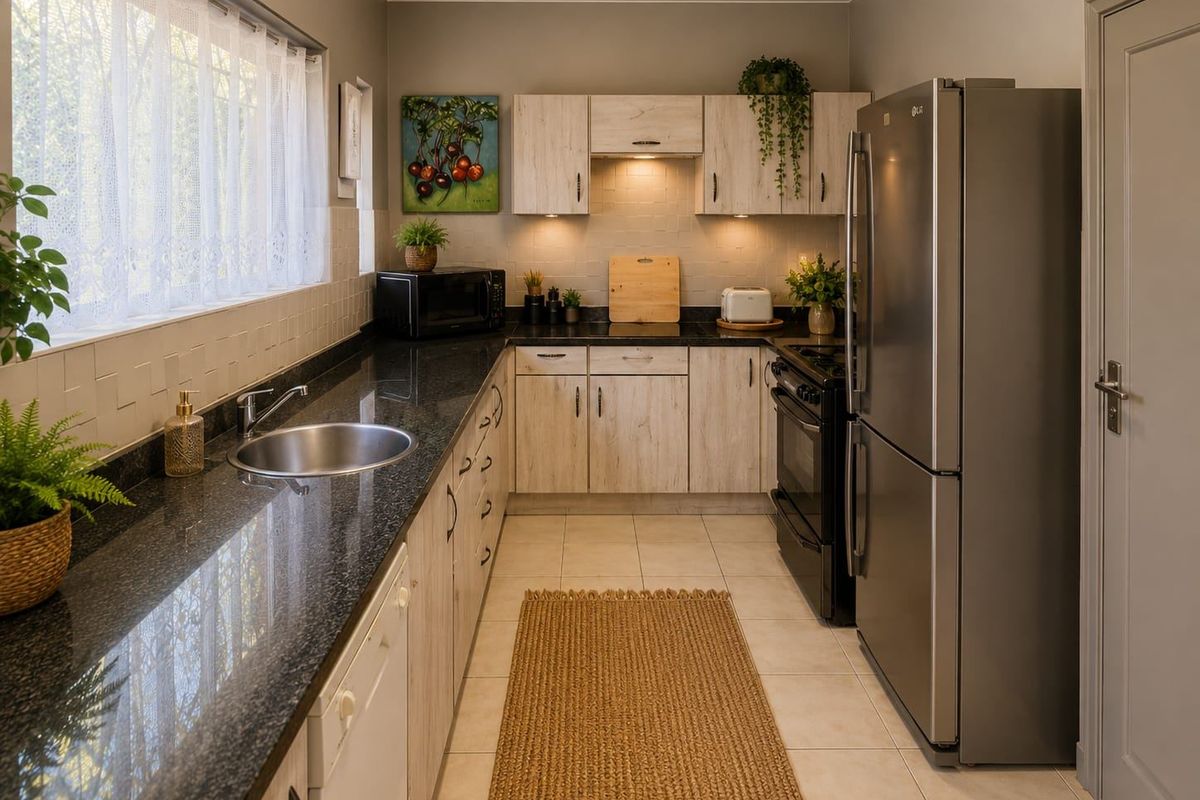A well-maintained kitchen featuring light wood-finish cabinetry, dark granite countertops, tiled backsplash, and integrated lighting, creating a functional and modern workspace.